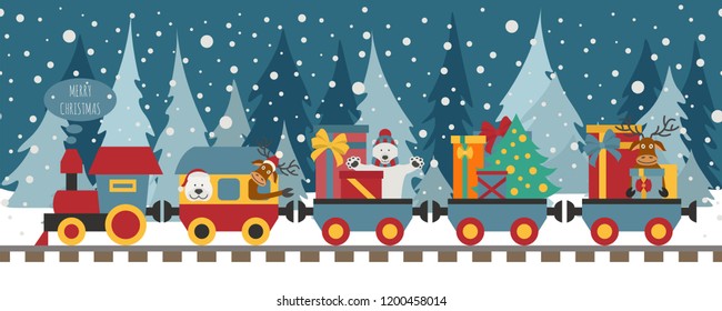 Christmas train with bear, reindeer, gifts. Seamless pattern for children. Vector illustration