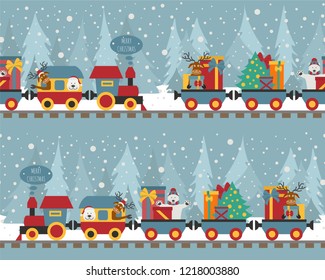 Christmas train with bear, reindeer, gifts. Seamless pattern for children. Vector illustration