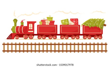 Christmas train carries a Christmas tree. Christmas toy locomotive for holiday cards, tags and greeting cards