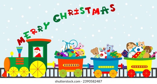 Christmas train driven by Santa full of toys. Merry Christmas card