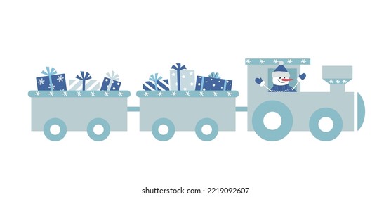 Christmas train with gifts and snowman. Template for greeting card. Vector illustration in gray and blue colors