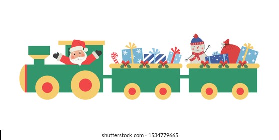 Christmas train with gifts. There is also Santa Claus and snowman in the picture. Vector illustration