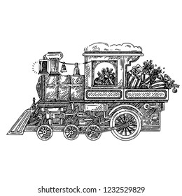 Christmas train with gifts and toys. Sketch. Engraving style. Vector illustration.