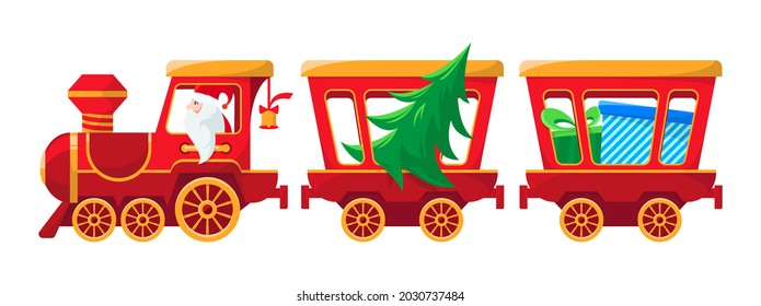 Christmas train with gifts and tree. Santa claus is bringing gifts. Vector design. Isolated on white background