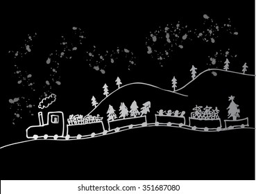  Christmas train. Hand drawing illustration