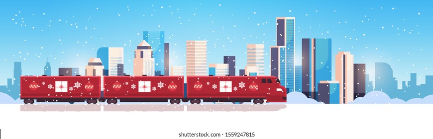 christmas train locomotive shipping transport for merry christmas happy new year winter holidays celebration concept horizontal snowy cityscape background flat vector illustration