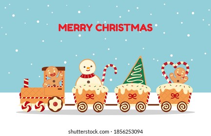 Christmas train made with gingerbread cookies and candy. Flat cartoon style greeting.