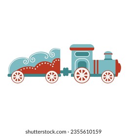 Weihnachtszug auf weißem Hintergrund. Neujahr ist Spielzeug. Nostalgie. Retro-Spielzeug. Vektorgrafik, flach.