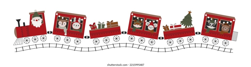 Christmas train with Santa Claus, deer, rabbit, fox, mouse,raccoon and bear. Vector illustration.