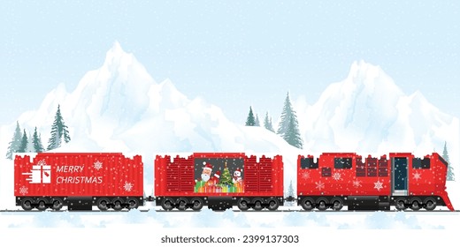 Christmas train with Santa Claus, deer,gifts and Christmas tree on winter mountains landscape with pines and hills, Merry Christmas and Happy New Year, vector illustration.