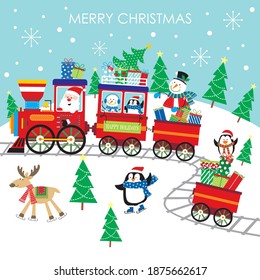 Christmas train, santa and friends for greeting card or gift bag and box design