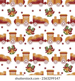 Christmas Train Seamless Pattern. Vector, flat style. Perfect for textile, wallpaper or print design.