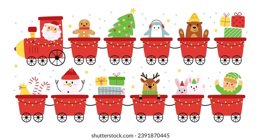 Christmas train set with cute holiday characters and accessories in wagon and funny Santa Clause driver vector illustration. Merry xmas and happy new year festive locomotive decorated with garlands