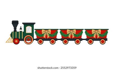 Christmas train toy. Steam train with wagons decorated with Christmas wreaths and bows. Flat illustration on white background.