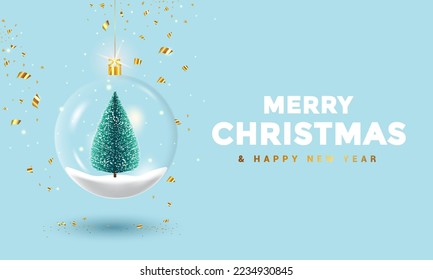 Christmas transparent ball with fir tree inside on the snow, confetti are falling. Holiday Xmas background. Vector 3d illustration