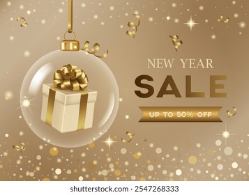 Christmas transparent ball with gift box inside it. Lots of glitter and golden shine.New Year sale 50% off ,on gold background banner template design with xmas and festive holiday special elements