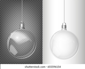 Christmas transparent ball of glass. Elements of Christmas decorations. Transparent vector object for design, layout. A shiny toy with a silver glow. Isolated object. Vector illustration.