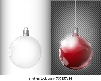 Christmas transparent ball of glass. Elements of Christmas decorations. Transparent vector object for design, layout. A shiny toy with a silver glow. Isolated object. Vector illustration.