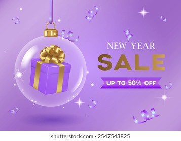 Christmas transparent ball with purple gift box and golden bow inside.New Year sale with 50% discount,on purple background,banner template with Christmas and holiday elements in purple and gold colors