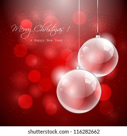 Christmas transparent balls on red background