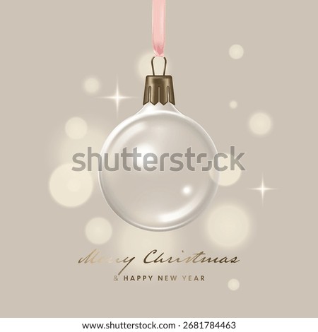 Christmas Transparent Glass Ball, empty inside hanging on a ribbon. Realistic Vector illustration in 3D style