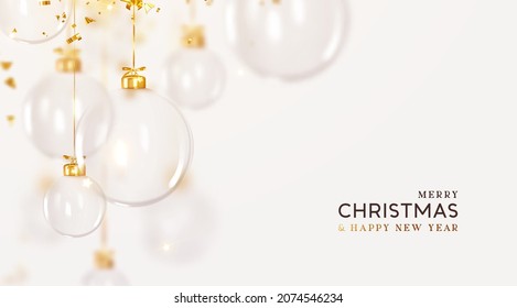 Christmas transparent glass balls hang on gold ribbon, white background with golden falling confetti. Realistic New Year 3d design. Holiday Xmas decoration hanging baubles. Vector illustration