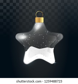 Christmas transparent glass star ball with falling snow vector illustration. Realistic decoration on transparent background.