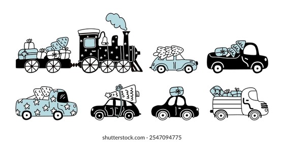 Christmas transport doodle had drawn set with car, train, lorry truck, retro automobile driving xmas fir tree and wrapped festive boxes. Festive vintage vehicle cute icons vector illustration