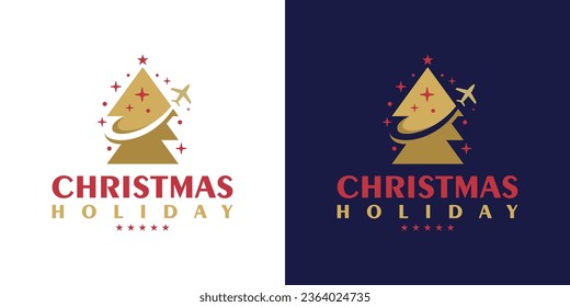 Christmas travel agency logo design template. Pine tree with airplane design graphic vector illustration. Symbol, icon, creative.