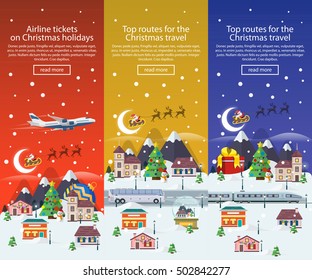 Christmas Travel Banners In Flat Style Illustration. Traveling By Plane, Bus And Train. Vector Horizontal Banners. Nature, Buildings, Village And City In A Flat Style. Mountains, Trees And Snow.