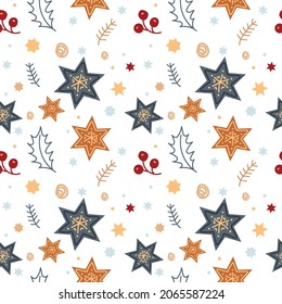 Christmas trays, gingerbread, berries, holly, fir branches in illustration for wrapping paper, textile, decorations. Minimalistic christmas seamless pattern, vector hand drawn pattern. 
