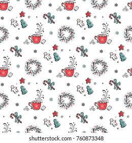 Christmas treat. Merry Christmas Background. Holiday Vector Seamless Pattern. Hand Drawn Doodle Cup of Coffee with Marshmallows, Xmas Wreath, Christmas cookies, Gingerbread, Candy. Winter Holidays