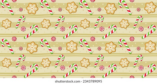 Weihnachtsbehandlungen, Bonbons, Kekse, Lebkuchen, Süßigkeiten auf beigem, gestreiftem Hintergrund. Weihnachten und Neujahr endlose Textur. Vektornahtloses Muster für Banner, Umhüllungspapier, Geschenkverpackung oder Druck