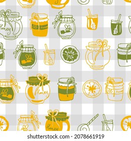 Christmas treats doodle seamless pattern. Gift paper delicious New Year food. Grey honey square fabric. Yellow cans of bee honey, citrus dried fruit. Healthy food for Christmas gift. Tablecloth print.