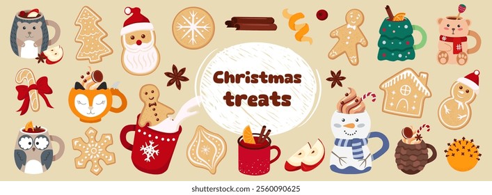 Christmas treats and drinks in cute cups. Set of cute mugs in the shape of animals and Gingerbread Cookies. 