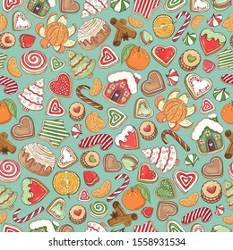 Christmas  treats pattern. Colorful holiday New year icons, cookies, gingerbread house, candy cane, striped cookies, citrus, christmas tree.Hand drawn gingerbread cookies and xmas sweets, food texture