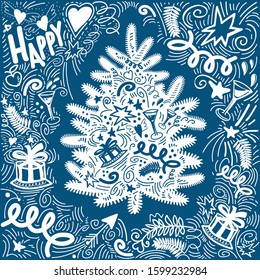 Christmas tree 2020 and symbols of  New Year around in doodle style.  Trendy Happy New Year design. Hand drawn design elements perfect for greeting cards and invitation.