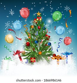 Christmas tree 2021 with gift boxes on winter tone ,cold and frost concept
