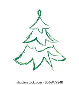 Christmas tree, 2022. Spruce green icon. New Year. One line art brush drawing, in outline style. Vector illustration isolated on white background.