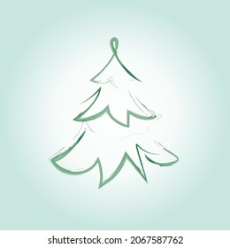 Christmas tree  2022  Spruce green icon  New Year  One line art brush drawing  in outline style  Vector illustration isolated blue gradient background 