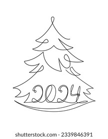Christmas tree and 2024 is the number of the coming year. New Year. Drawing with lineart, in continuous line style. vector illustration isolated on white background