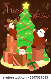 A Christmas tree with 3 Santas decorating the warm feeling in the background