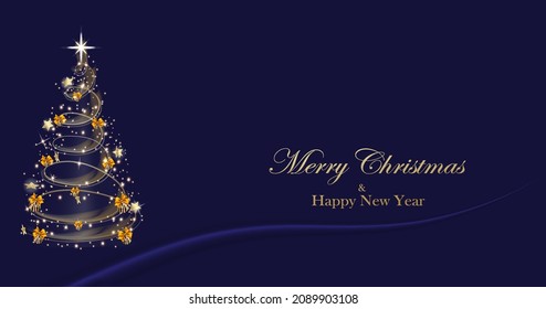 Christmas tree 3d background. Golden Christmas tree as a symbol of Happy New Year, Christmas holiday celebration. Sparkling light decoration. Bright Shining Stars Design Vector Illustration