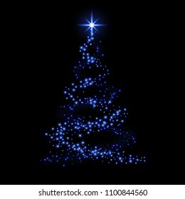 Christmas tree 3d card background. Blue Christmas tree as symbol of Happy New Year, Merry Christmas holiday celebration. Sparkle light decoration. Bright shiny star design Vector illustration
