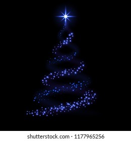 Christmas tree 3d card background. Blue Christmas tree as symbol of Happy New Year, Merry Christmas holiday celebration. Sparkle light decoration. Bright shiny star design Vector illustration