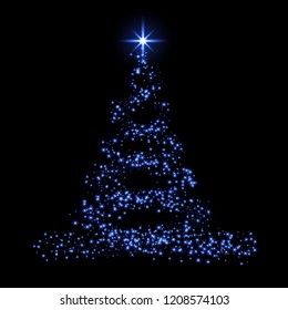 Christmas tree 3d card background. Blue Christmas tree as symbol of Happy New Year, Merry Christmas holiday celebration. Sparkle light decoration. Bright shiny star design Vector illustration