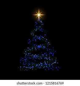 Christmas tree 3d card background. Blue Christmas tree as symbol of Happy New Year, Merry Christmas holiday celebration. Sparkle light decoration. Bright shiny star design Vector illustration