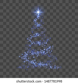 Christmas tree 3d for card. Transparent background. Blue Christmas tree as symbol of Happy New Year, Merry Christmas holiday celebration. Sparkle decoration. Bright star Vector illustration