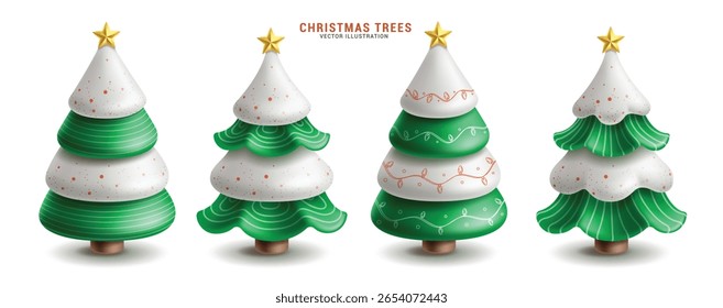Árvore de Natal conjunto de clipart 3d.  Árvore de pinheiro de Natal e pinheiro de neve clip art com estilo de espiral e curva para a temporada de inverno xmas elementos coleção vetor ilustração.
