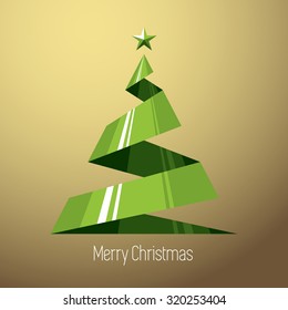 Christmas tree, 3D flat style illustration, green tree with green star on silver-warm background